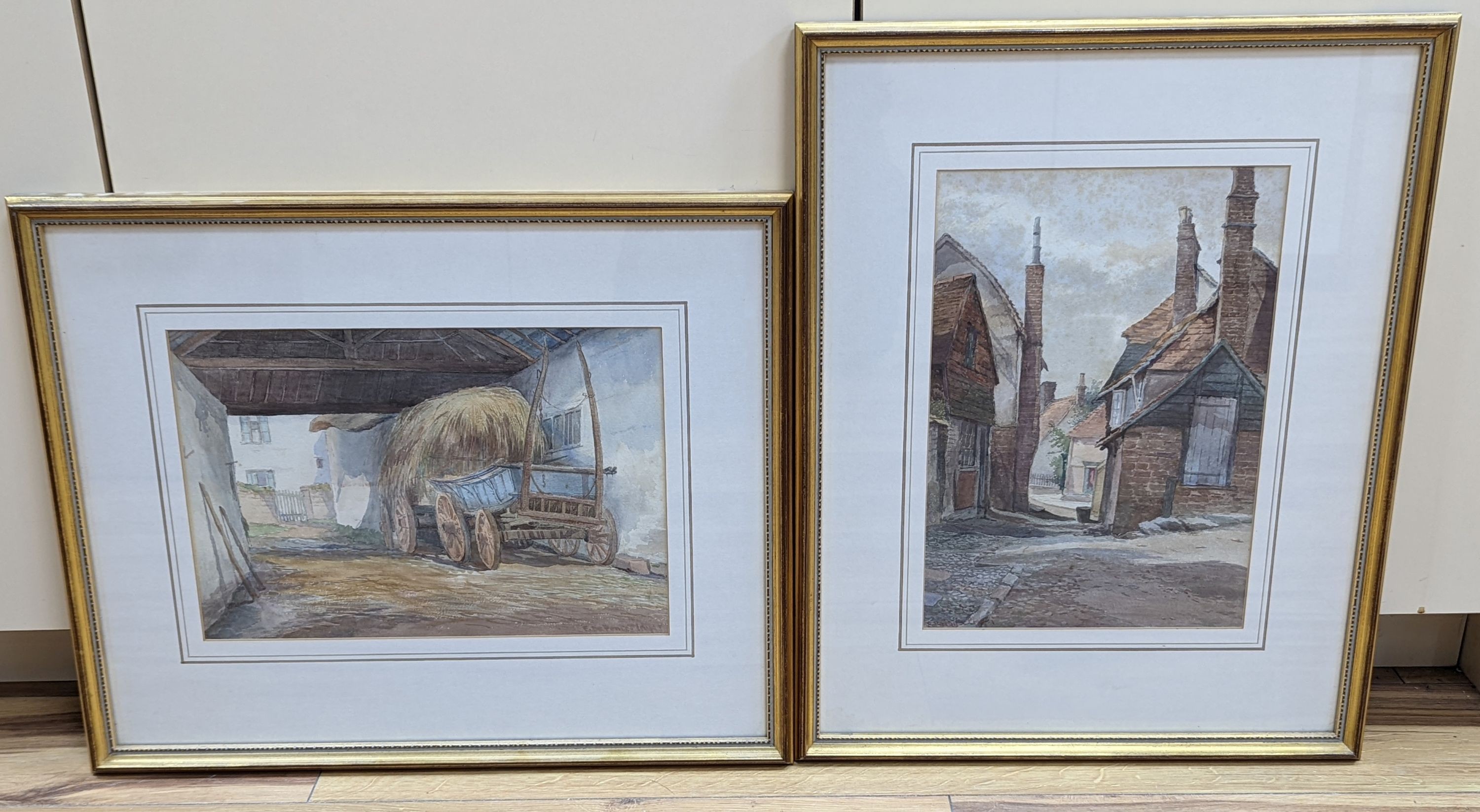 F. da Ponte Player (Exh 1880-1882), two watercolours, 'A Back Street at Rye' and 'A Sussex Barn', signed, 33 x 23cm and 23 x 34cm